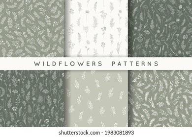 Set of seamless patterns with leaves, herbs, wildflowers. Silhouettes of branches, natural hand drawn eco friendly backgrounds. Vector illustration in modern style, fashion prints for fabric, wrapping