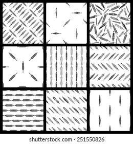 Set of seamless patterns of leaves. Various leaves on white background. Black and white illustrations.