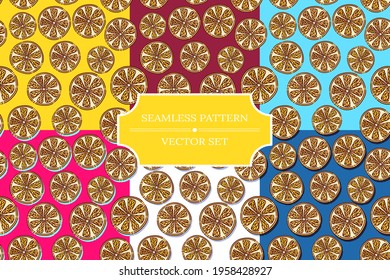 Set of seamless patterns with lemon fruit. Collection of vector illustrations for designing posters, cards, prints, stickers, fabric, textile, gift paper, scrapbooking,  cafe, restaurant, menu