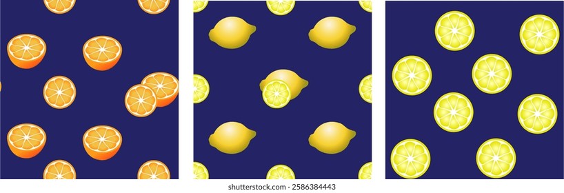 Set of Seamless patterns with lemons and oranges on a blue background. For background, fabric, wallpaper, wrapping paper.