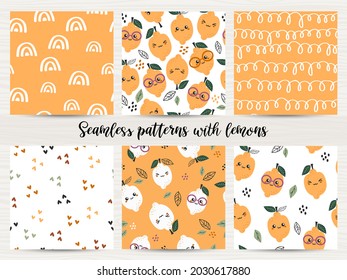 Set of seamless patterns with lemons. Vector illustration for wrapping paper and scrapbooking