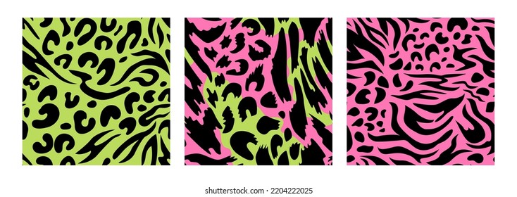 Conjunto de patrones sin fisuras con texturas abstractas de leopardo y cebra. Fondo vectorial de piel animal. Textura de neón psicodélica