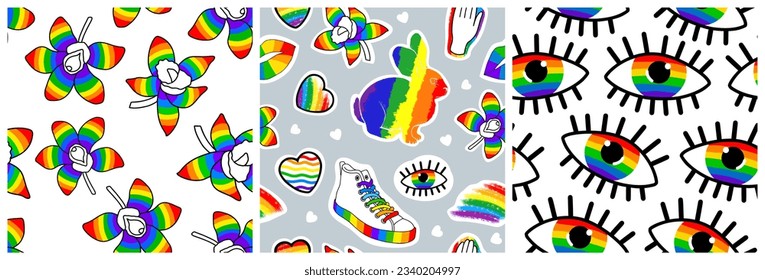 Set nahtloser Muster für LGBT Pride Monat. Pinselstrich LGBTQ+ Flag.