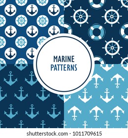 Set of seamless patterns with lifebuoys, anchors and marine steering wheels, hand drawn illustration. Colorful collection vector. Overlapping background. Decorative wallpaper, good for printing