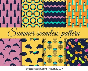 Set of seamless patterns with a lighthouse, marine fauna. 