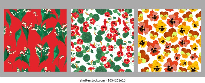 Set of seamless patterns with lilies of the valley, nasturtium, pansies. Vector graphics.
