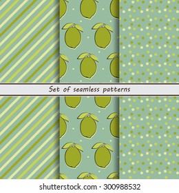 a set of seamless patterns, lime, stripe, dot, fruit background