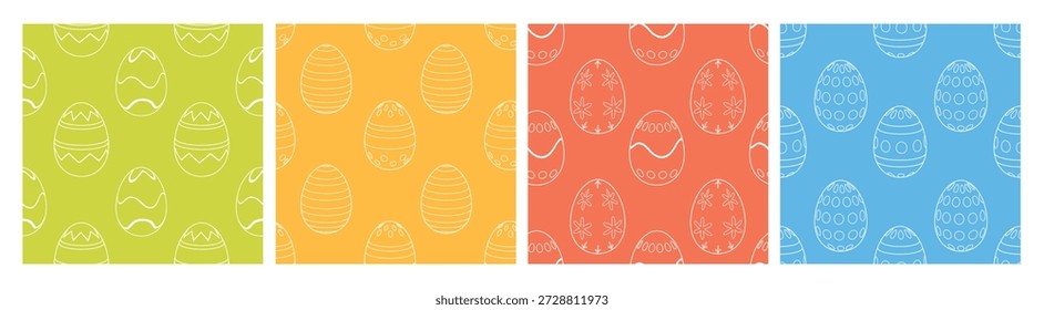 Conjunto de patrones sin fisuras con línea de arte huevos de Pascua sobre fondos brillantes. Lindos diseños de primavera festivos para envolver papel, textiles, envases, Fondos de pantalla, papelería y decoraciones de vacaciones.