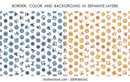 set of seamless patterns with linear icons of sea travel and adventure. Ornament for decoration and printing on fabric. Design element. Vector