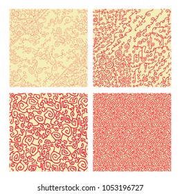 A set of seamless patterns with linear ornament. Dense filling a thin pattern in a pink color scheme. Design for two-tone fabric or wallpaper with curls and spirals.