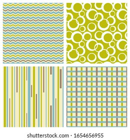 Set of seamless patterns with lines, circles, zigzags and checkered ornaments. Soft colors - light green, blue, brown, beige. Repeating texture for wallpaper, textile, fabrics, wrapping. Vector image.