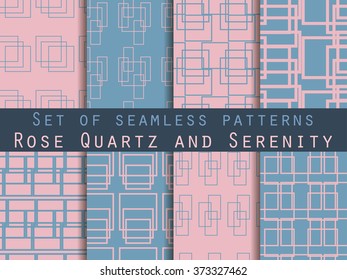 Set seamless patterns with lines and squares. Rose quartz and serenity violet colors. The pattern for wallpaper, bed linen, tiles, fabrics, backgrounds. Vector illustration.