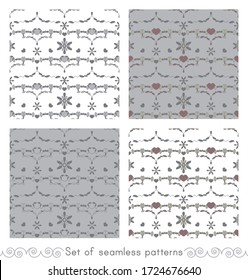 Set of seamless patterns with little hearts. White, grey, light grey, light green and burgundy color . Vector