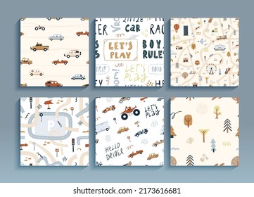 Set of seamless patterns little racer. Cartoon funny illustration with cars and landscape, wallpaper white background. Vector art collection