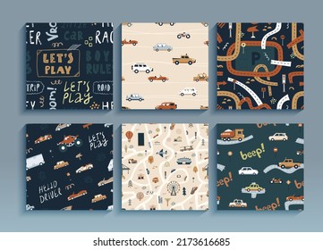 Set of seamless patterns little racer. Cartoon funny illustration with cars, map and landscape, wallpaper background. Vector art collection