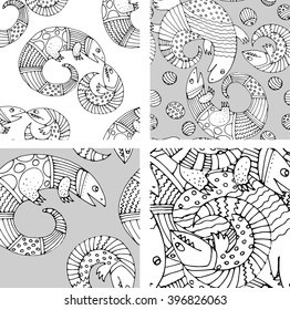 Set of seamless patterns with lizard. White and black.