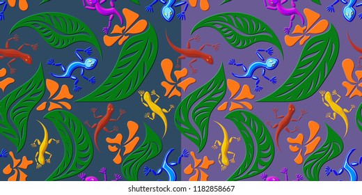 Set of the seamless patterns of the lizards, leaves and flowers