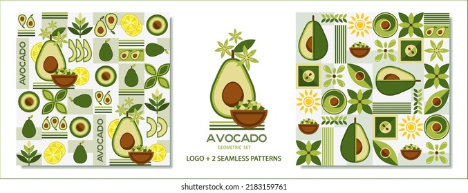 Set of seamless patterns and logo with avocado in simple geometric style. Abstract shapes. Good for branding, decoration of food package, cover design, decorative home kitchen prints, background.