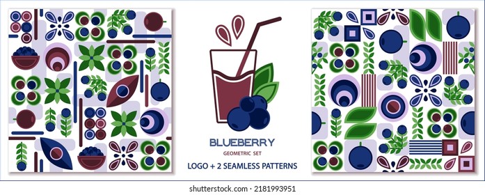 Conjunto de motivos y logotipo sin fisuras con arándanos azules de estilo geométrico sencillo. Formas abstractas. Buena marca, decoración de paquetes de comida, diseño de cubiertas, estampados decorativos de cocina doméstica, fondo.