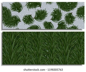 A set of seamless patterns with long and short beautiful green branches of fresh spruce, drawn naturally and fabulously at the same time, with cute snowflakes and droplets on a winter background.