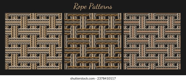 Set of seamless patterns with loose interwoven ropes. Mat, rug with traditional twill weave with three cords. Vintage style. Not AI