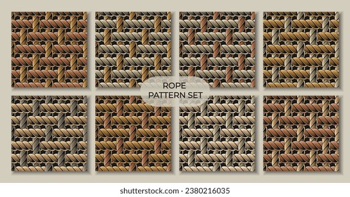 Set of seamless patterns with loose interwoven ropes. Mat, rug with traditional twill weave. Vintage style. Not AI