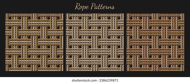 Set of seamless patterns with loose interwoven ropes. Mat, rug with traditional twill weave with three cords. Vintage style. Not AI