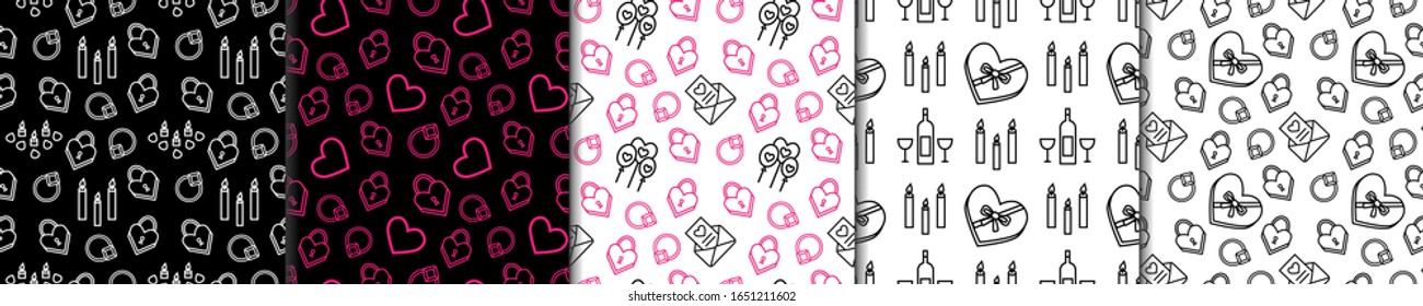 Set of seamless patterns with lovely elements. Valentine day ornaments. Usable for wedding invitations, wrapping paper, packet. Vector illustration