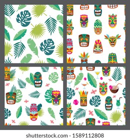 Set of seamless patterns with Luau Tiki mask and tropical leaves, flat cartoon vector illustration. Endless Background texture on Hawaiian summer exotic vacation topic.