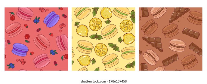 Set of seamless patterns with macaroons. Vector graphics.