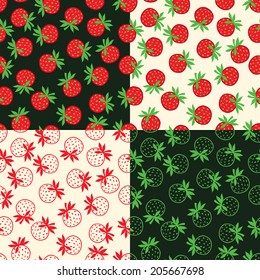 A set of seamless patterns made of strawberries. Red berries on dark green and light beige background. 