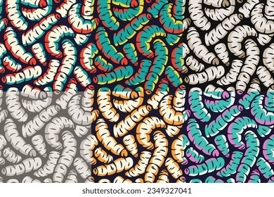 Set of seamless patterns with maggots or worms for halloween design background. Wallpapers with scary insect larvae for october party banner, poster or postcard