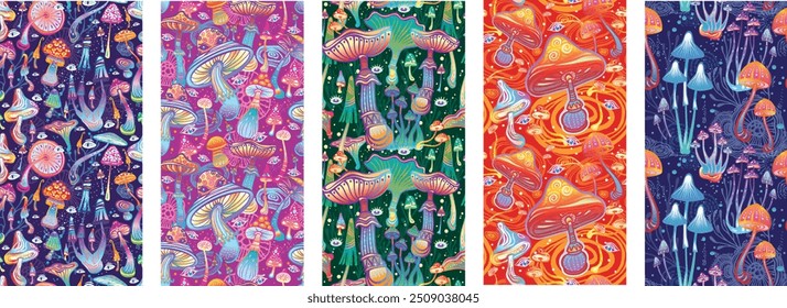 Set of Seamless Patterns with Magic Mushrooms, Vertical background