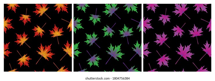 Set of seamless patterns with maple leaves. Repeat botanical patterns. Vector illustration.