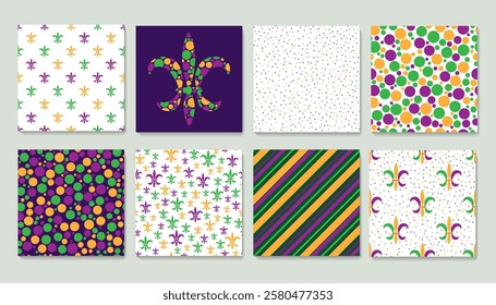 A set of seamless patterns with Mardi Gras carnival symbols.