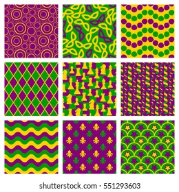 Set of seamless patterns for Mardi Gras. Traditional colors. Mask, chess, fleur de lis, circle and wave.