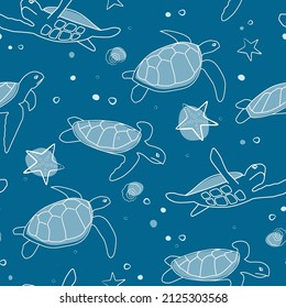 A set of seamless patterns with marine animals. Sea turtle, seashells, starfish, simple shapes for prints, textiles. Vector graphics.