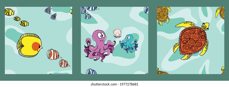 A set of seamless patterns with a marine theme. Doodle drawn coral fish, octopuses, sea turtles, pearls. Pattern for children's textiles, clothing, paper, wallpaper