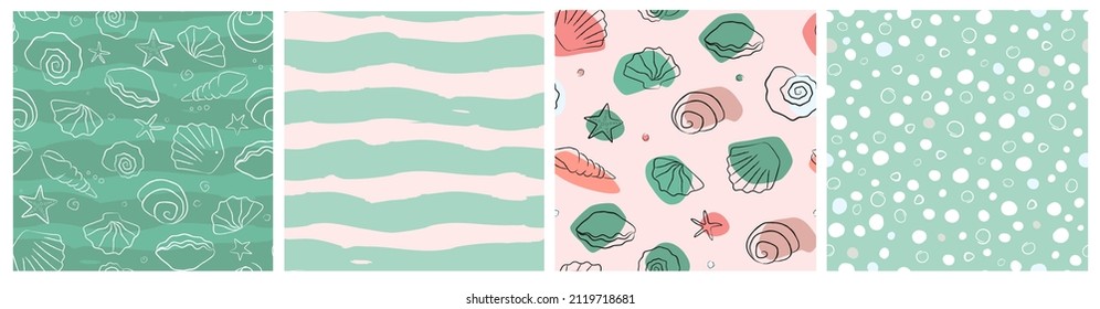 A set of seamless patterns with a marine theme. Seashells, starfish, clams, waves for a summer beach print. Vector graphics.