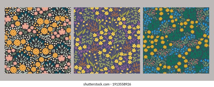 Set of seamless patterns with meadow flowers. Vector graphics.