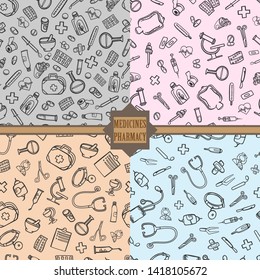 set of seamless patterns medicine pharmacy doodle background equipment lab doctor pills sketch