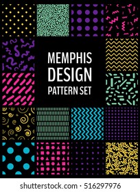 Set of seamless patterns in Memphis design style. 80s geometric patterns collection. Vector illustration for your graphic design.