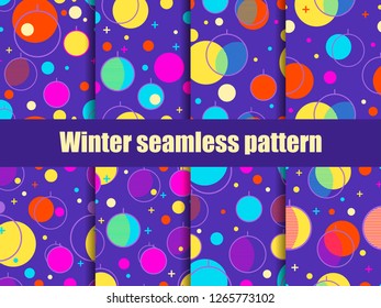 Set of seamless patterns in memphis style with christmas balls. Great for brochures, promotional material, wrapping paper and wallpapers. Vector illustration