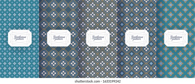 Set of seamless patterns for men s clothing, ties, tuxedos, t-shirts. Backgrounds for luxury packaging design. Prints and abstract textures for various classic fabrics. Elegant vector ornament set.