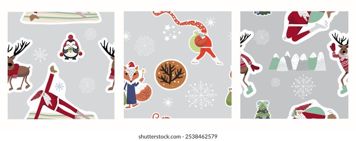 Set of seamless patterns, Merry Christmas and Happy New Year! New year symbols, backgrounds with Sports Santa. Hand drawn vector illustration.