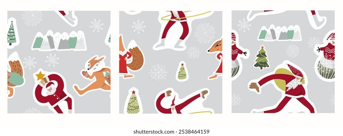 Set of seamless patterns, Merry Christmas and Happy New Year! New year symbols, backgrounds with Sports Santa. Hand drawn vector illustration.