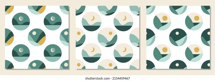 Set of seamless patterns, minimalist landscape abstract contemporary design
