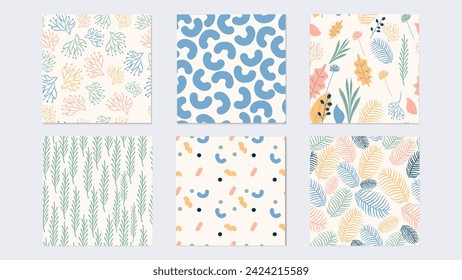 Conjunto de patrones sin fisuras con modernos elementos abstractos y florales en colores azul, rosa, amarillo y verde. Fondo abstracto de la pincelada, patrones coloridos. para el papel de envoltura, impresión de la tela, papel pintado.