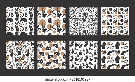 Set seamless patterns modern abstract plants, women, birds