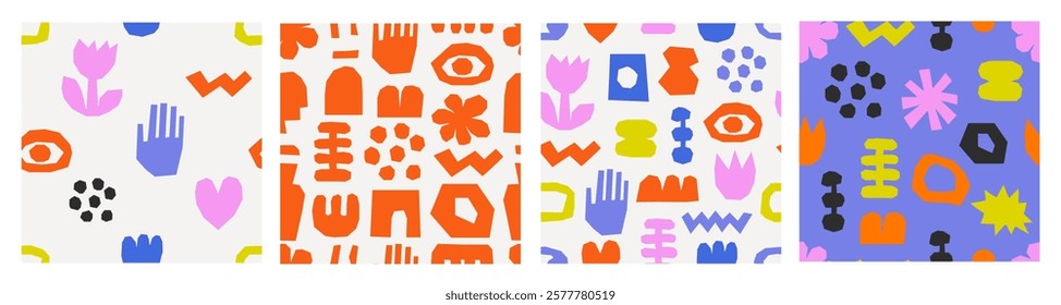Set of seamless patterns with with modern cut out abstract shapes in fresh pastel colors. Naive art. Vector Hand drawn background for design and card, covers, package, wrapping paper. 